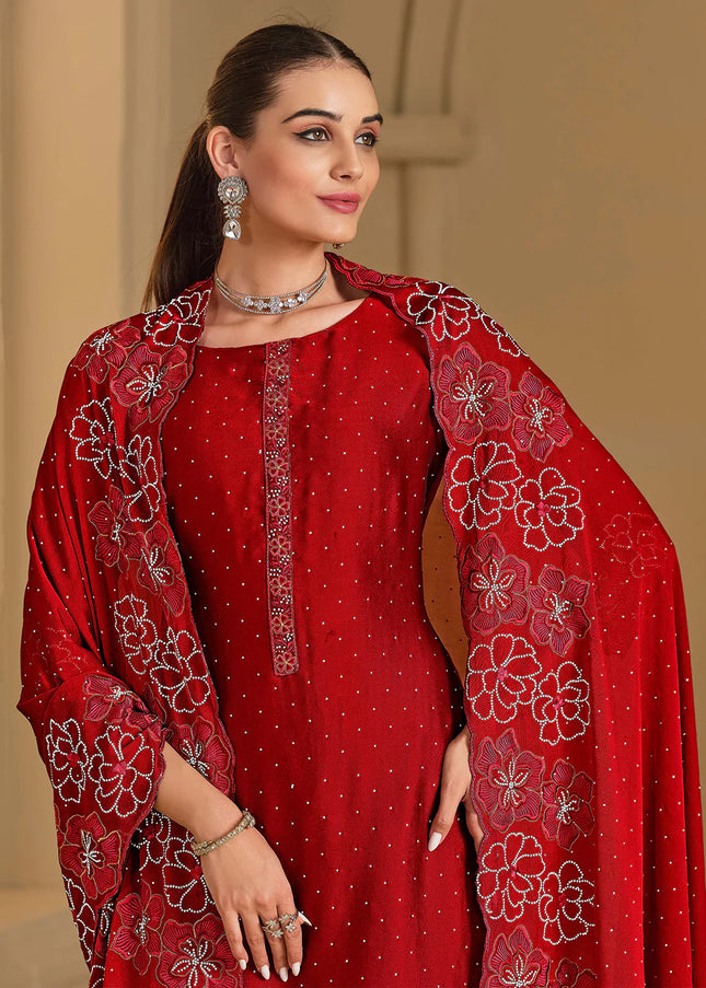 Red Embroidered Pant Suit
