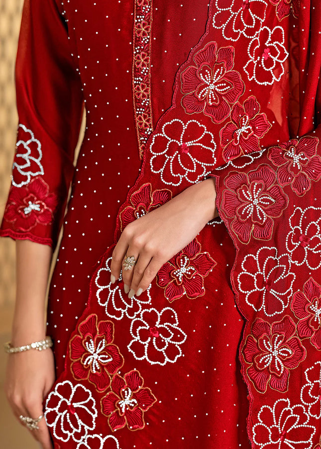 Red Embroidered Pant Suit