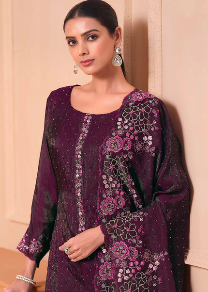Purple Embroidered Pant Suit