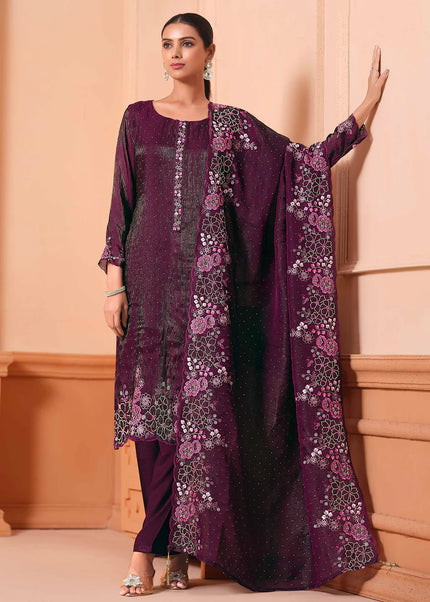 Purple Embroidered Pant Suit