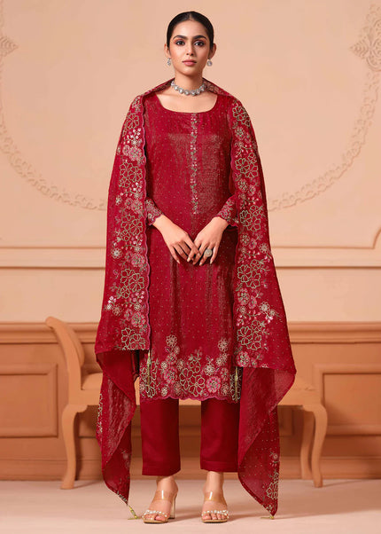 Red Embroidered Pant Suit