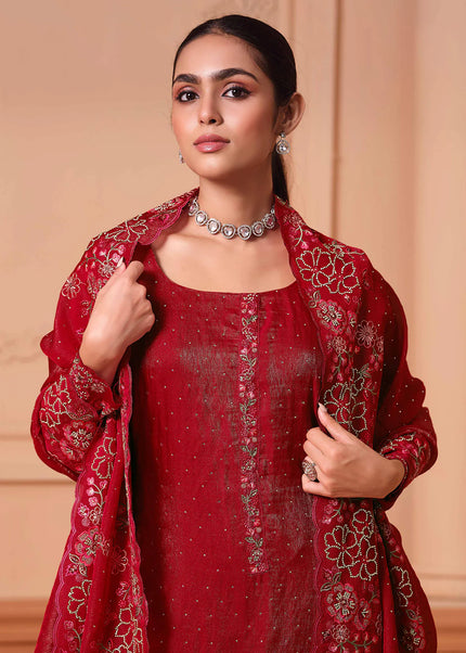 Red Embroidered Pant Suit