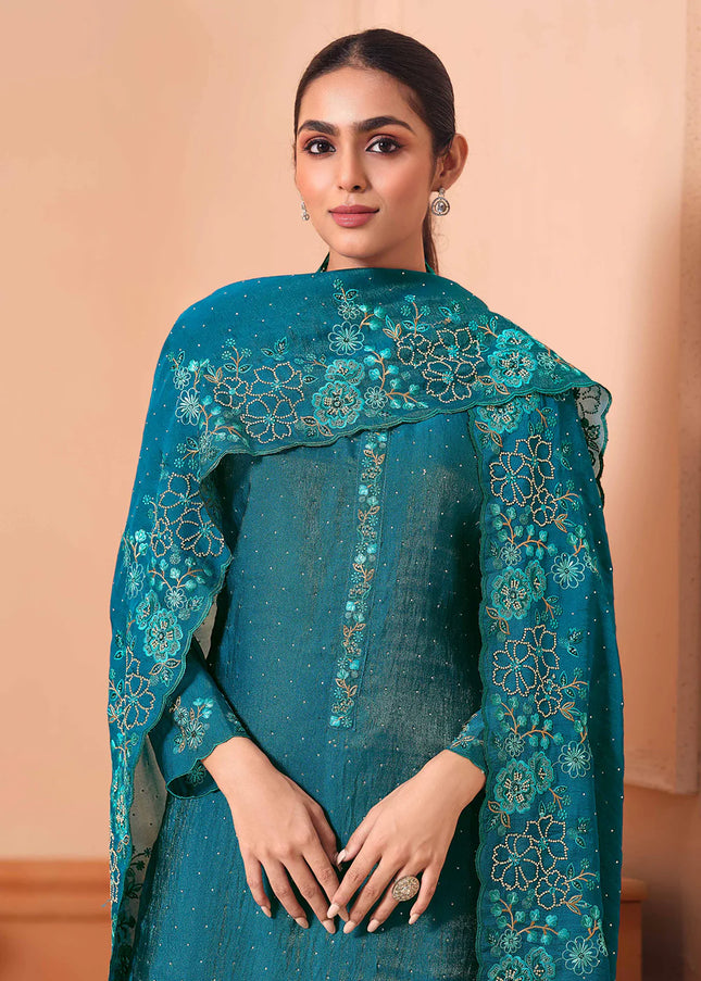 Teal Embroidered Pant Suit