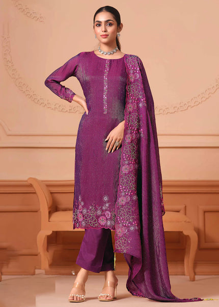 Purple Embroidered Pant Suit