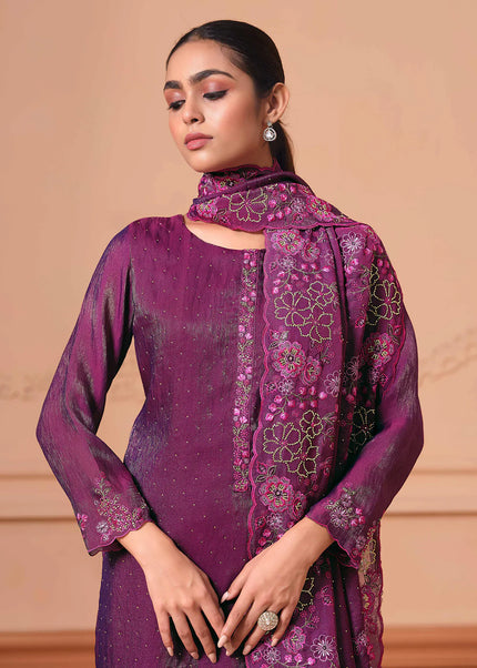 Purple Embroidered Pant Suit