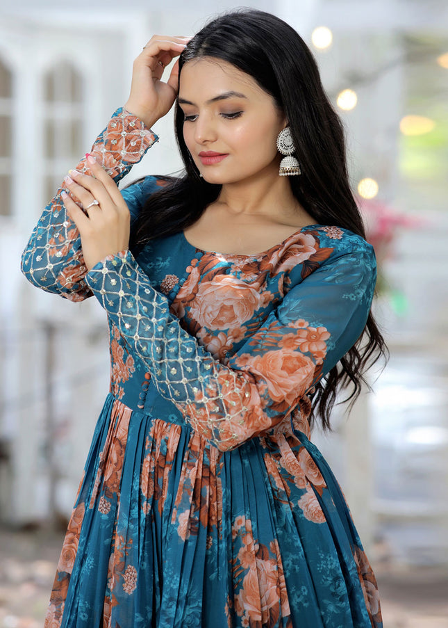 Blue Floral Printed Embroidered Anarkali Gown