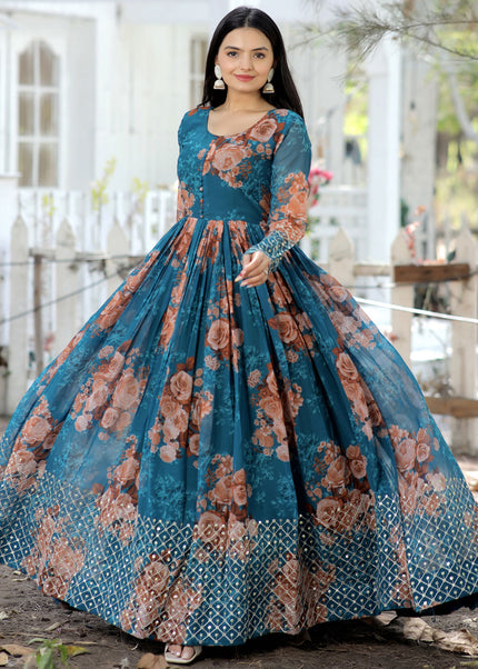 Blue Floral Printed Embroidered Anarkali Gown