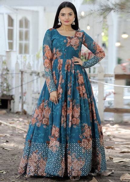 Blue Floral Printed Embroidered Anarkali Gown