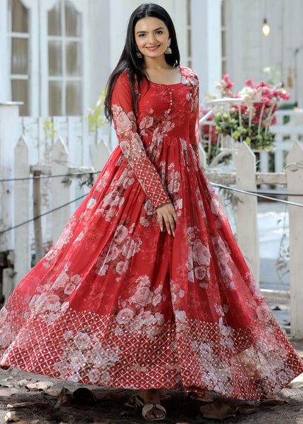 Red Floral Printed Embroidered Anarkali Gown