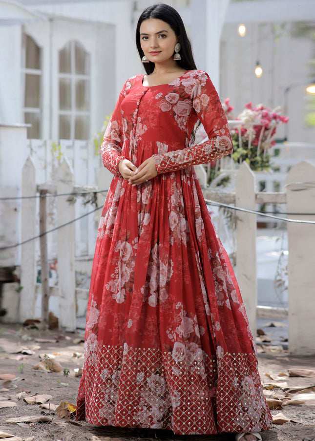 Red Floral Printed Embroidered Anarkali Gown