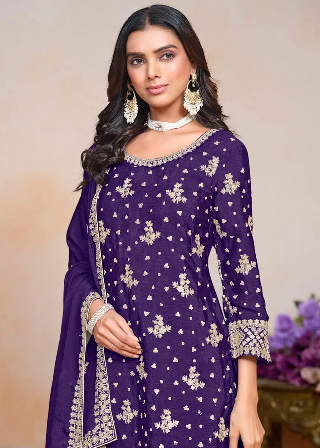 Violet Embroidered Palazzo Suit