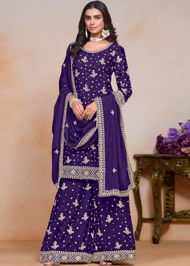 Violet Embroidered Palazzo Suit