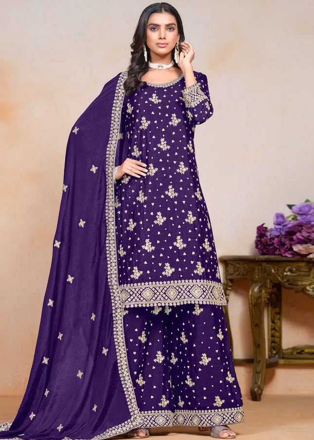 Violet Embroidered Palazzo Suit