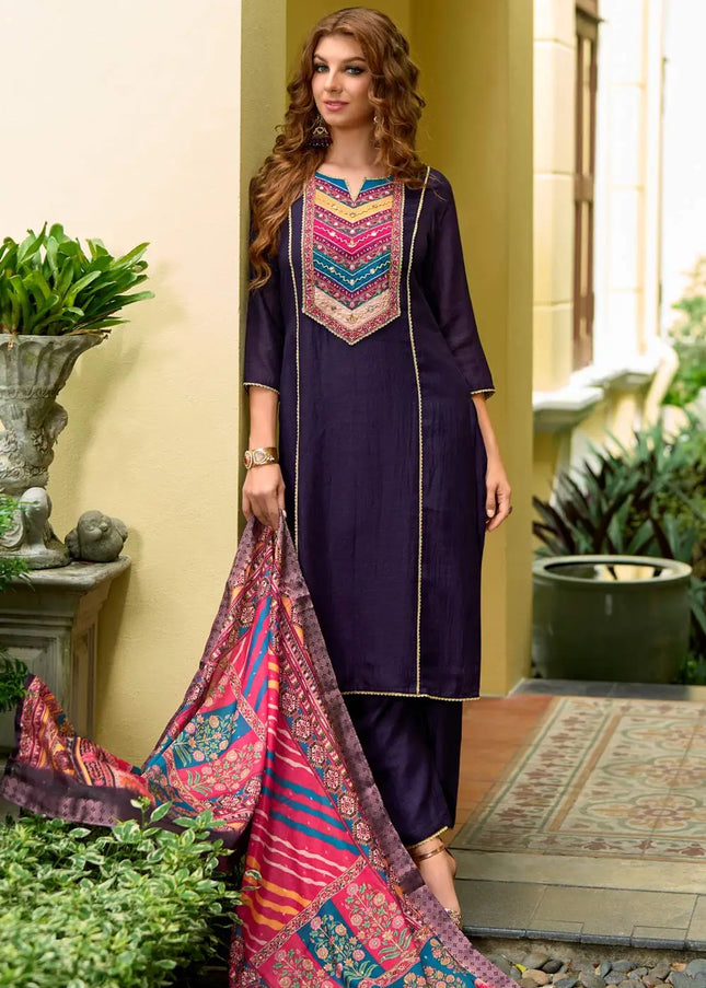 Violet Printed and Embroidered Pant Suit