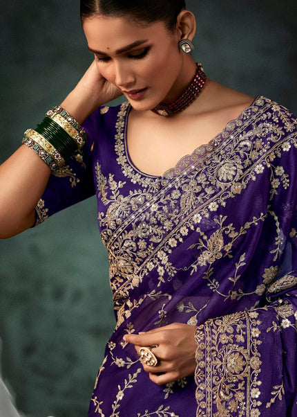 Purple Embroidered Festive Saree