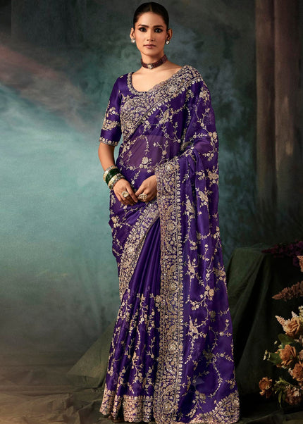 Purple Embroidered Festive Saree
