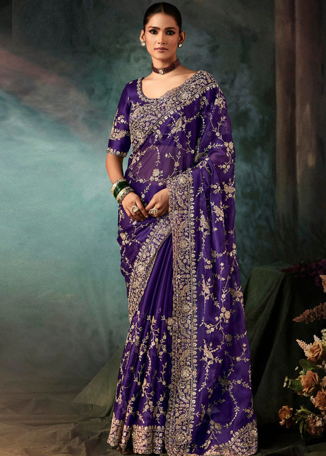 Purple Embroidered Festive Saree