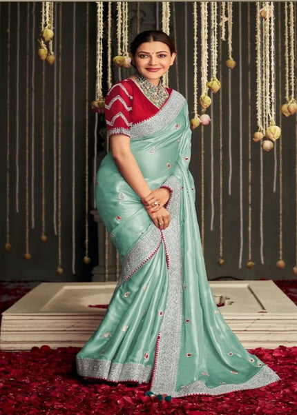 Sky Blue and Maroon Embroidered Festive Saree