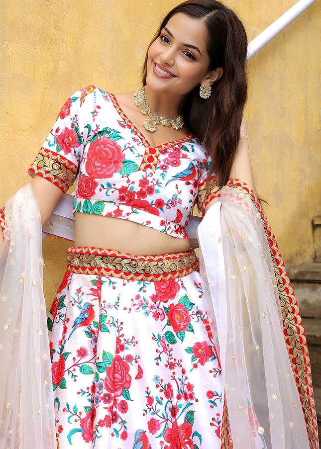 White and Red Embroidered Lehenga Choli