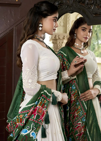 Offwhite and Green Embroidered Lehenga Choli