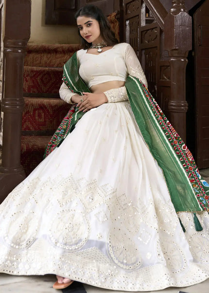 Offwhite and Green Embroidered Lehenga Choli