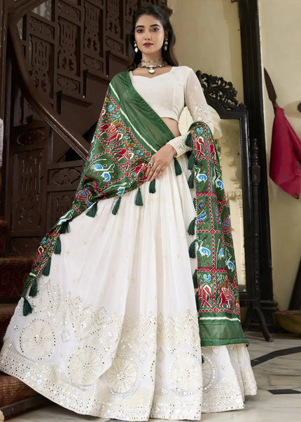 Offwhite and Green Embroidered Lehenga Choli