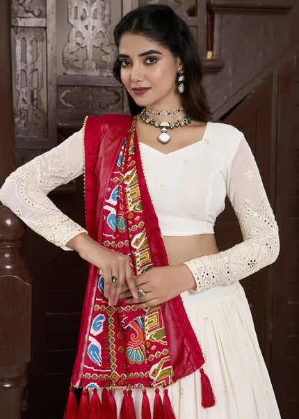 Offwhite and Maroon Embroidered Lehenga Choli