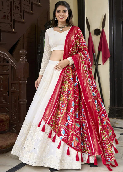 Offwhite and Maroon Embroidered Lehenga Choli