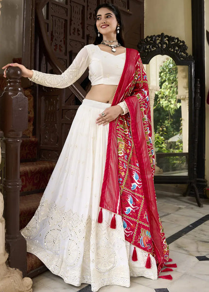 Offwhite and Maroon Embroidered Lehenga Choli