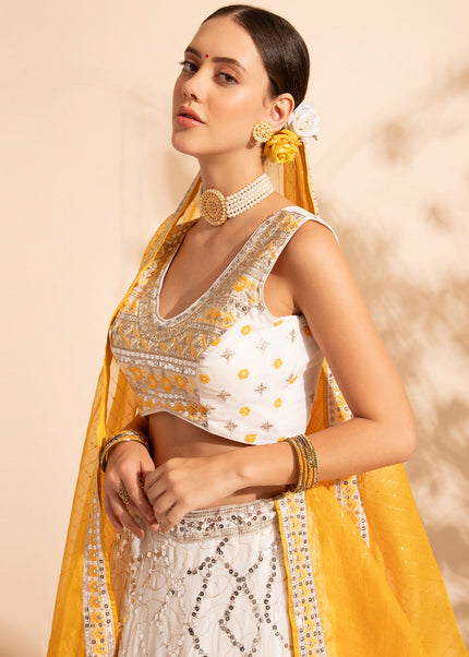 Offwhite and Yellow Embroidered Lehenga Choli