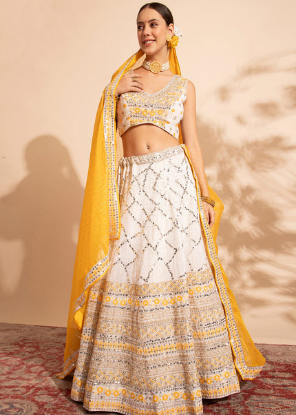 Offwhite and Yellow Embroidered Lehenga Choli