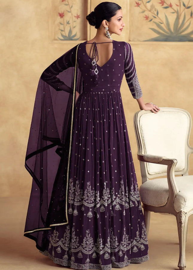 Wine Embroidered Anarkali Gown