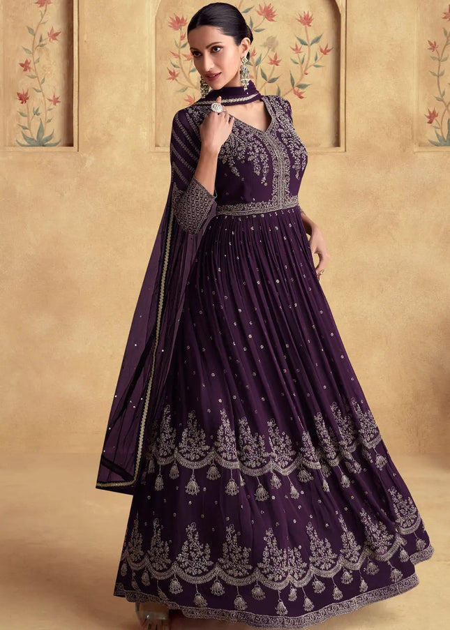 Wine Embroidered Anarkali Gown