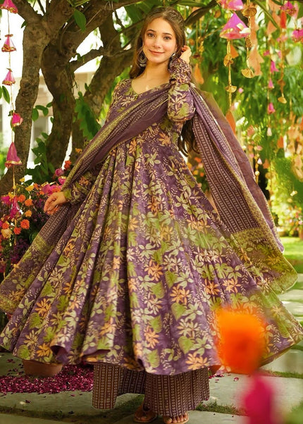 Purple Printed Anarkali Suit