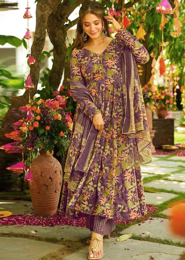 Purple Printed Anarkali Suit