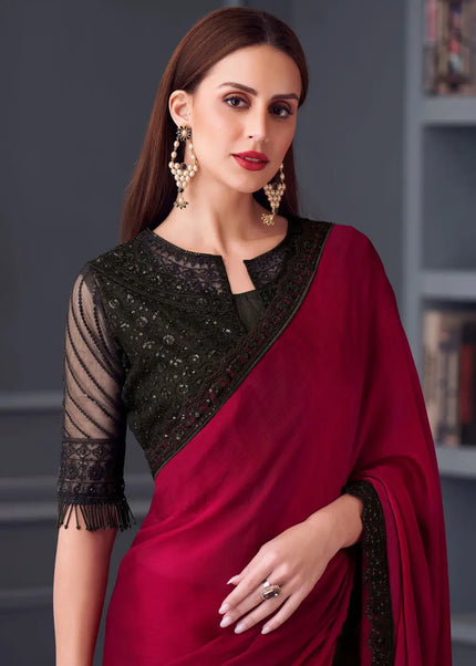 Red and Black Embroidered Saree