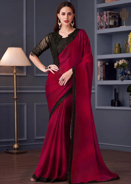 Red and Black Embroidered Saree
