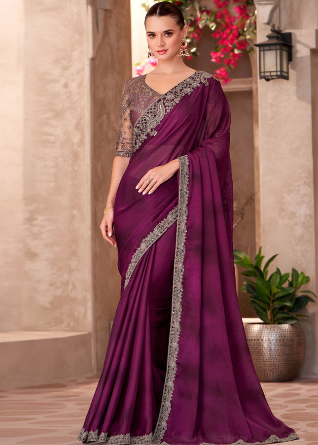 Purple Embroidered Saree