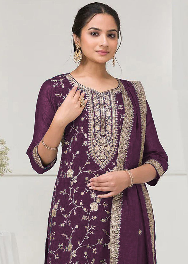 Purple Embroidered Sharara Suit