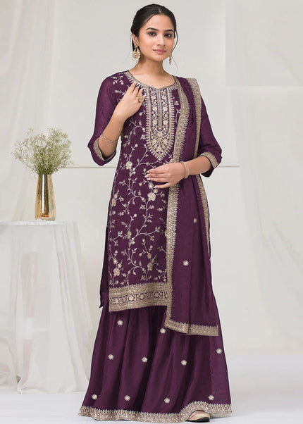 Purple Embroidered Sharara Suit