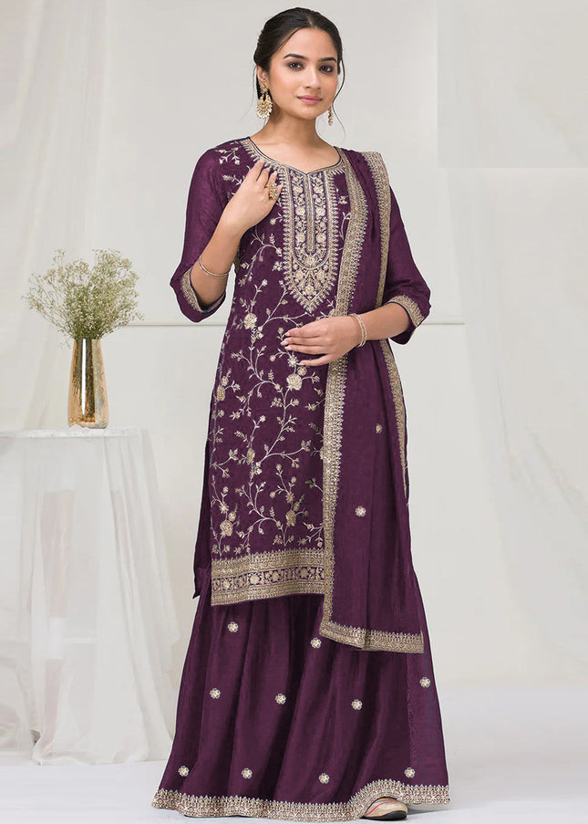 Purple Embroidered Sharara Suit