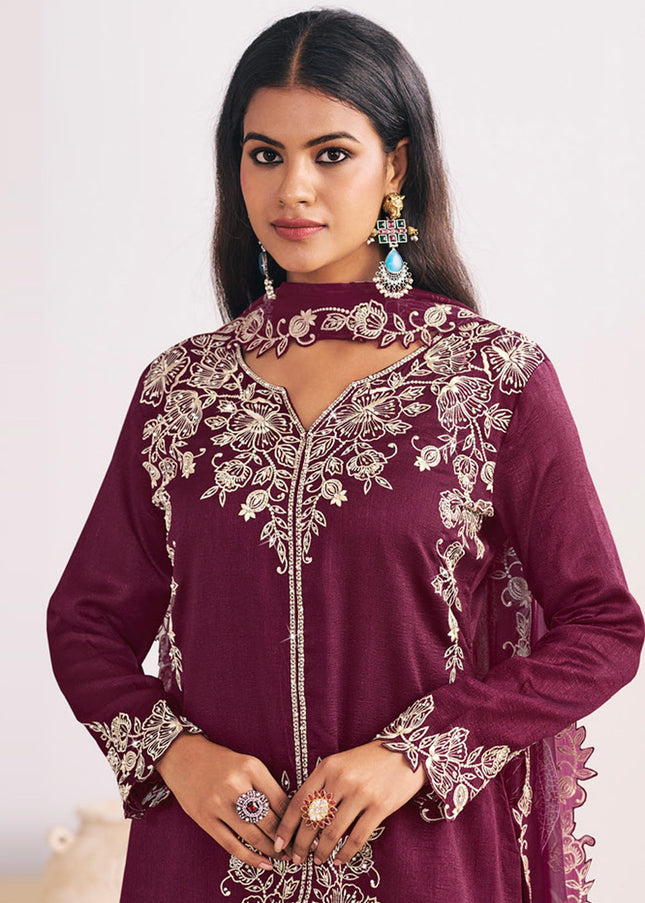 Marron Printed and Embroidered Palazzo Suit