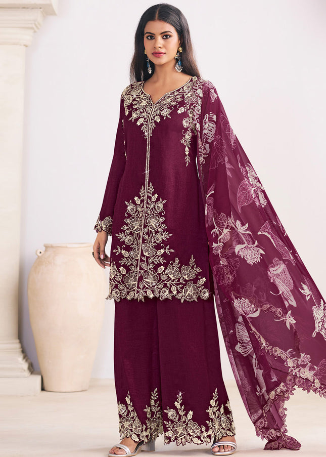 Marron Printed and Embroidered Palazzo Suit