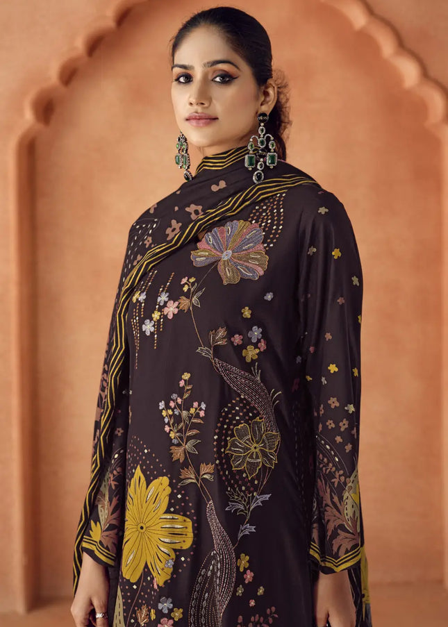 Wine Multicolor Printed and Embroidered Pant Suit