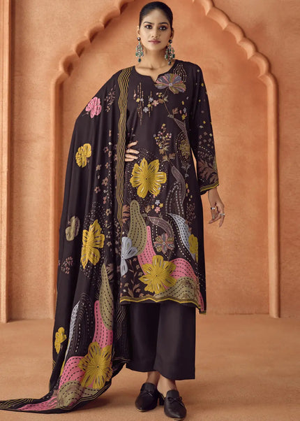 Wine Multicolor Printed and Embroidered Pant Suit