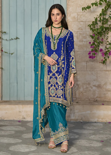 Blue and Teal Embroidered Salwar Pant Suit