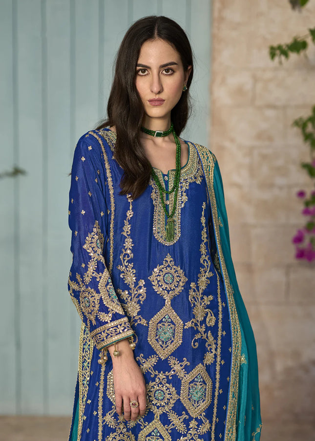 Blue and Teal Embroidered Salwar Pant Suit