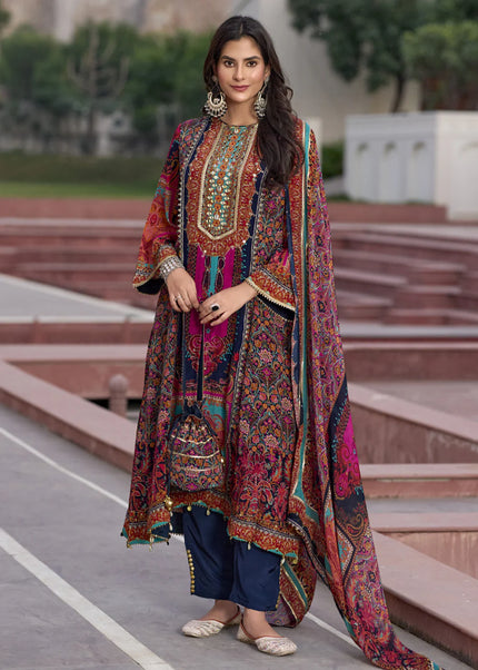 Blue Multicolor Printed and Embroidered Pant Suit