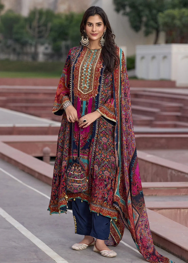 Blue Multicolor Printed and Embroidered Pant Suit