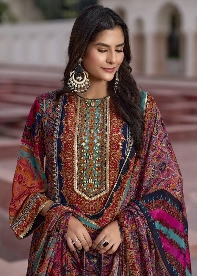 Blue Multicolor Printed and Embroidered Pant Suit